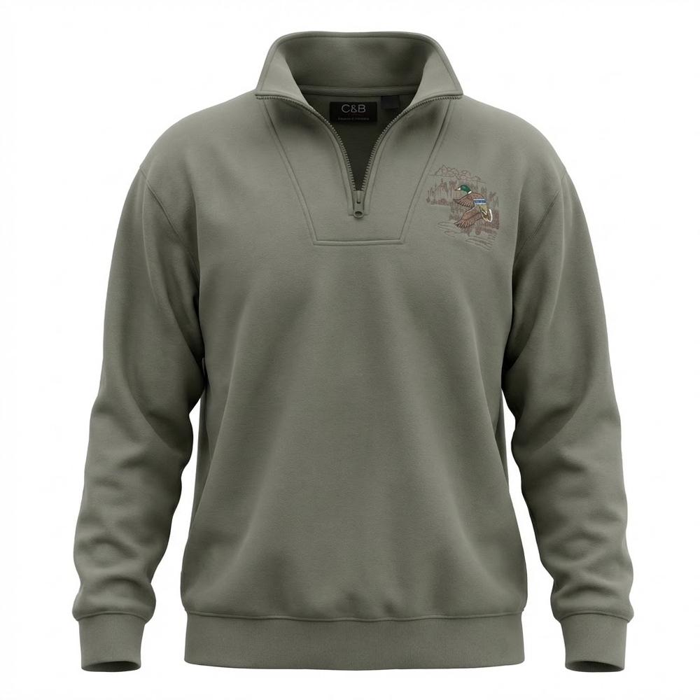 Men's 90's Vintage Olive Green Embroidered Mallard Duck  Quarter-Zip Sweatshirt